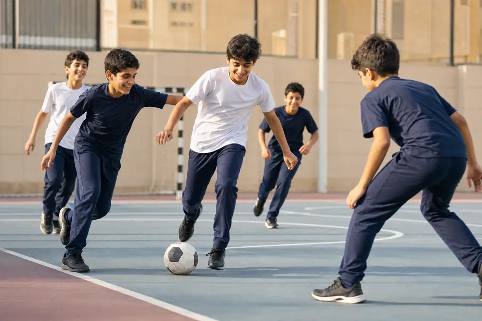 مشهد تعبيري لطلاب يمارسون كرة القدم بروح الفريق